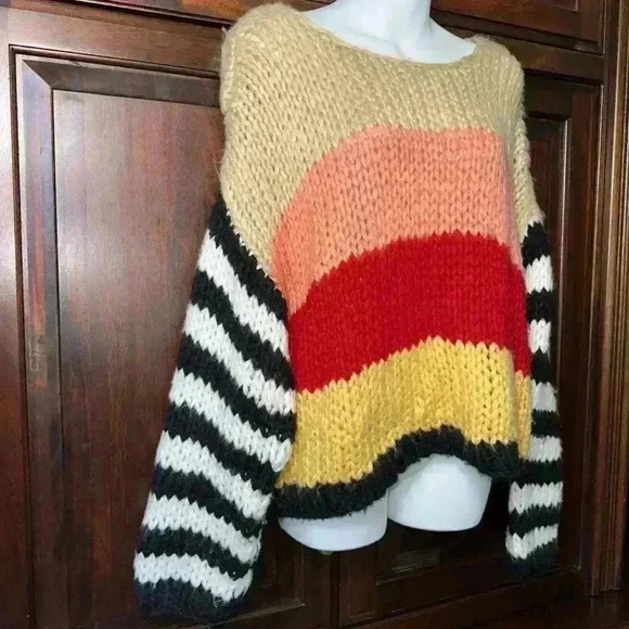BlankNYC Wool Mix Crochet Multicolor Colorblock & Striped Chunky Sweater /Size S - Picture 6 of 15